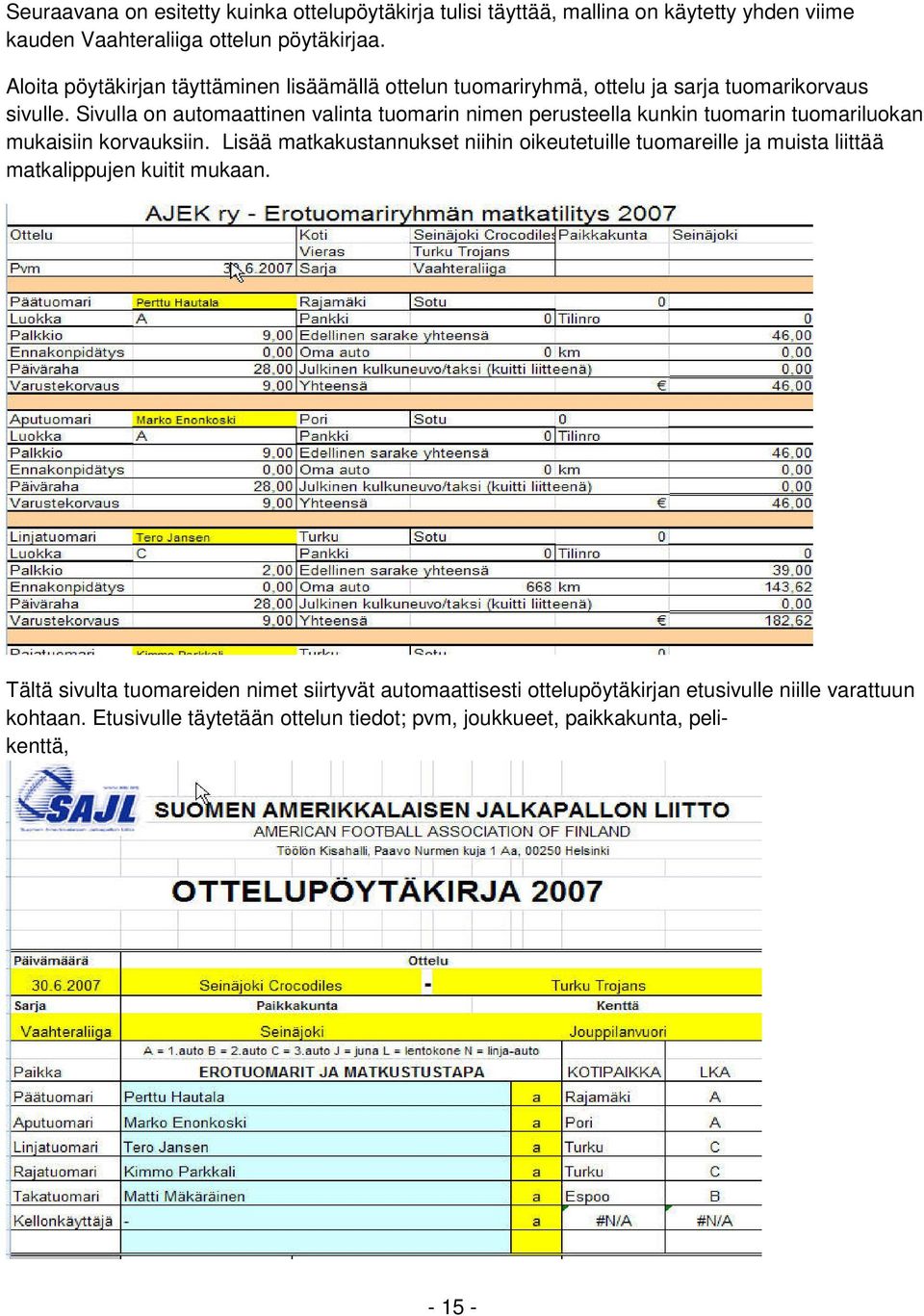 Sivulla on automaattinen valinta tuomarin nimen perusteella kunkin tuomarin tuomariluokan mukaisiin korvauksiin.