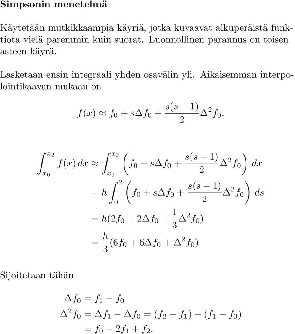 Aikaisemman interpolointikaavan mukaan on f(x) f 0 + s f 0 + s(s 1) f 0.