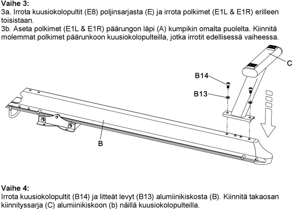 Kiinnitä molemmat polkimet päärunkoon kuusiokolopulteilla, jotka irrotit edellisessä vaiheessa.