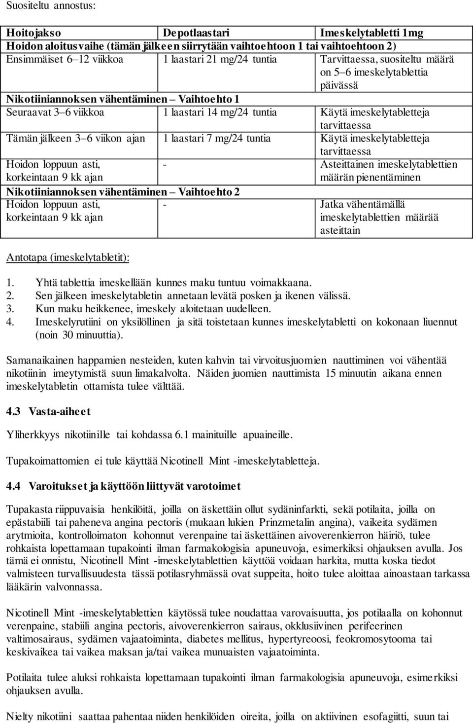 Tämän jälkeen 3 6 viikon ajan 1 laastari 7 mg/24 tuntia Käytä imeskelytabletteja tarvittaessa Hoidon loppuun asti, korkeintaan 9 kk ajan - Asteittainen imeskelytablettien määrän pienentäminen