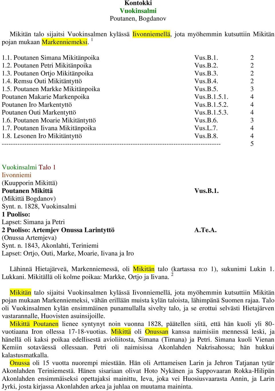 B.1.5.1. 4 Poutanen Iro Markentyttö Vus.B.1.5.2. 4 Poutanen Outi Markentyttö Vus.B.1.5.3. 4 1.6. Poutanen Moarie Mikitäntyttö Vus.B.6. 3 1.7. Poutanen Iivana Mikitänpoika Vus.L.7. 4 1.8.