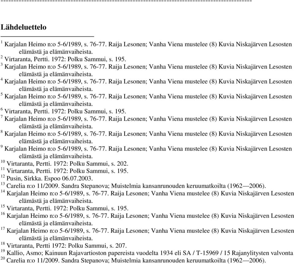 Raija Lesonen; Vanha Viena mustelee (8) Kuvia Niskajärven Lesosten 4 Karjalan Heimo n:o 5-6/1989, s. 76-77.