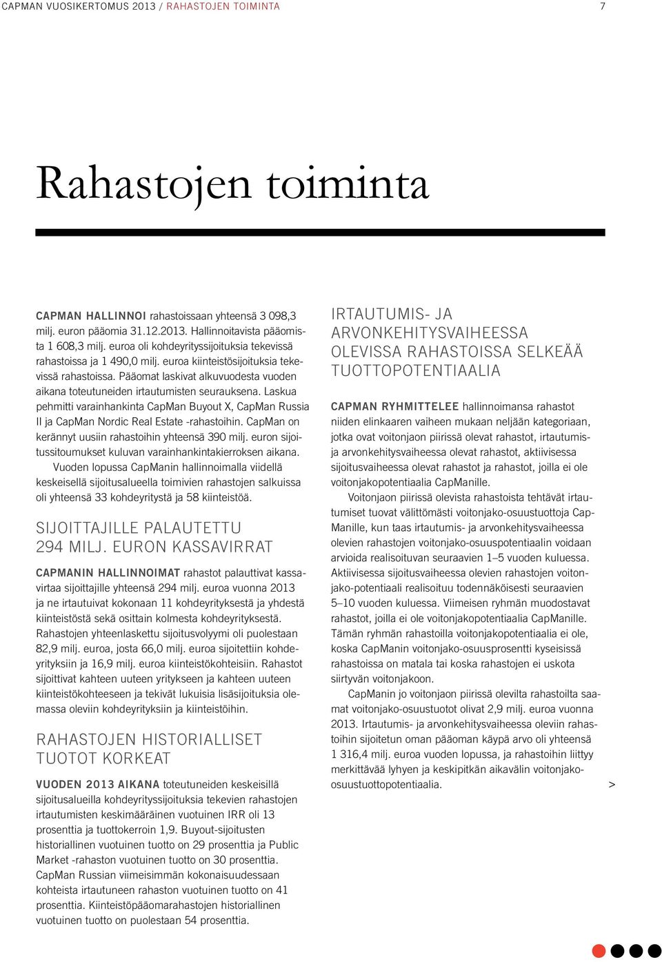 Pääomat laskivat alkuvuodesta vuoden aikana toteutuneiden irtautumisten seurauksena. Laskua pehmitti varainhankinta CapMan Buyout X, CapMan Russia II ja CapMan Nordic Real Estate -rahastoihin.