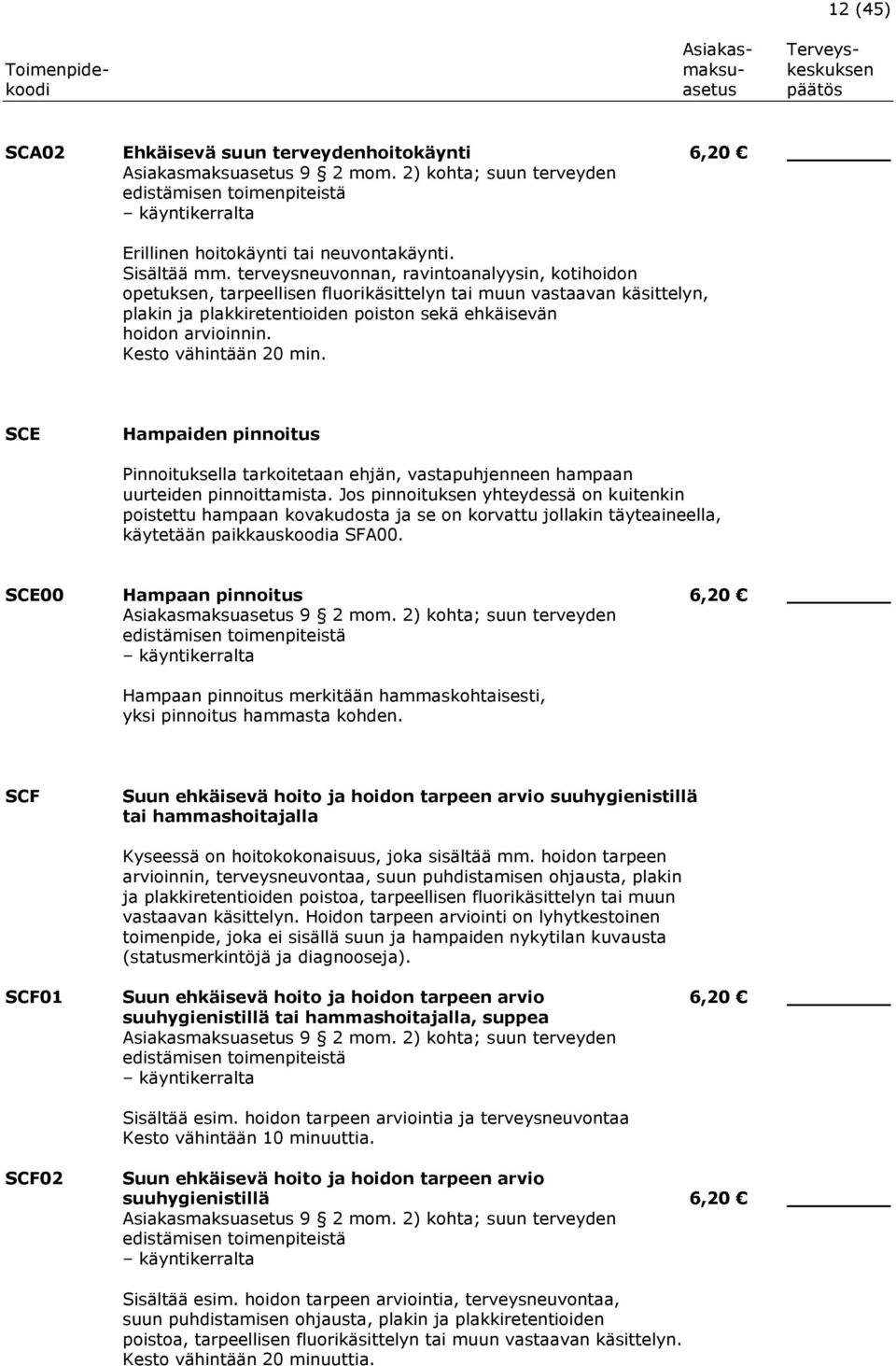 terveysneuvonnan, ravintoanalyysin, kotihoidon opetuksen, tarpeellisen fluorikäsittelyn tai muun vastaavan käsittelyn, plakin ja plakkiretentioiden poiston sekä ehkäisevän hoidon arvioinnin.