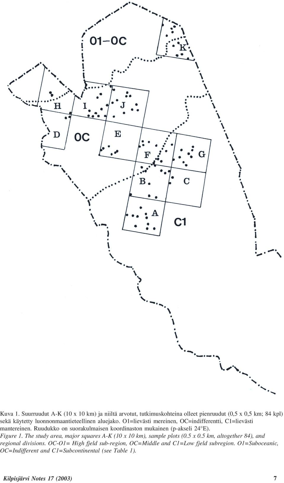 aluejako. O1=lievästi mereinen, OC=indifferentti, C1=lievästi mantereinen. Ruudukko on suorakulmaisen koordinaston mukainen (p-akseli 24 E).