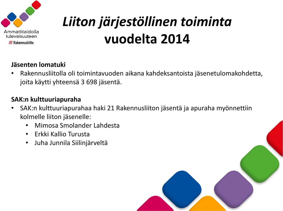 SAK:n kulttuuriapuraha SAK:n kulttuuriapurahaa haki 21 Rakennusliiton jäsentä ja apuraha