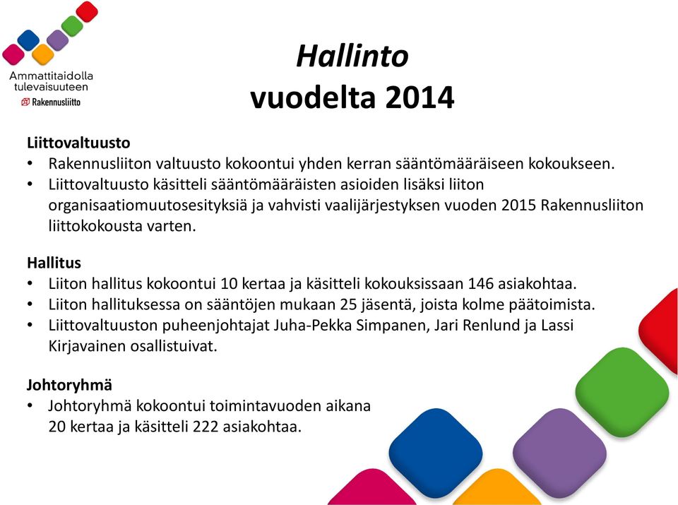 liittokokousta varten. Hallitus Liiton hallitus kokoontui 10 kertaa ja käsitteli kokouksissaan 146 asiakohtaa.