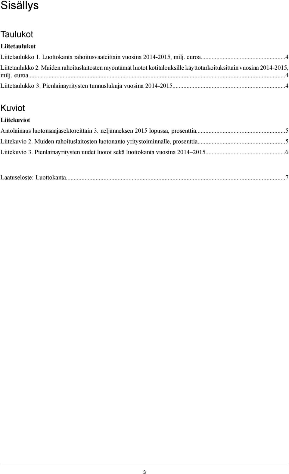 Pienlainayritysten tunnuslukuja vuosina 2014-2015...4 Kuviot Liitekuviot Antolainaus luotonsaajasektoreittain 3. neljänneksen 2015 lopussa, prosenttia.