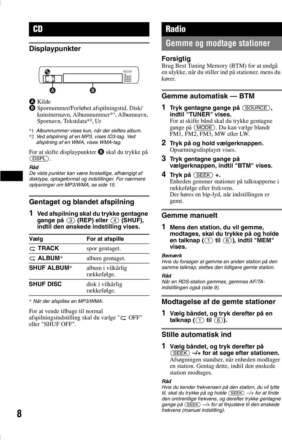 Råd De viste punkter kan være forskellige, afhængigt af disktype, optageformat og indstillinger. For nærmere oplysninger om MP3/WMA, se side 15.