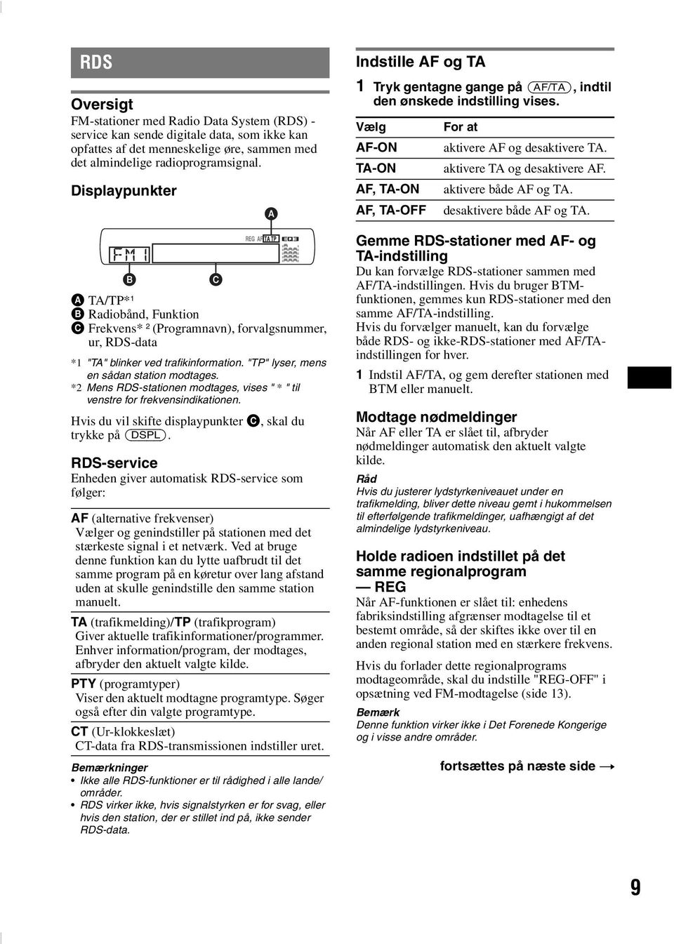 *2 Mens RDS-stationen modtages, vises " * " til venstre for frekvensindikationen. Hvis du vil skifte displaypunkter C, skal du trykke på (DSPL).