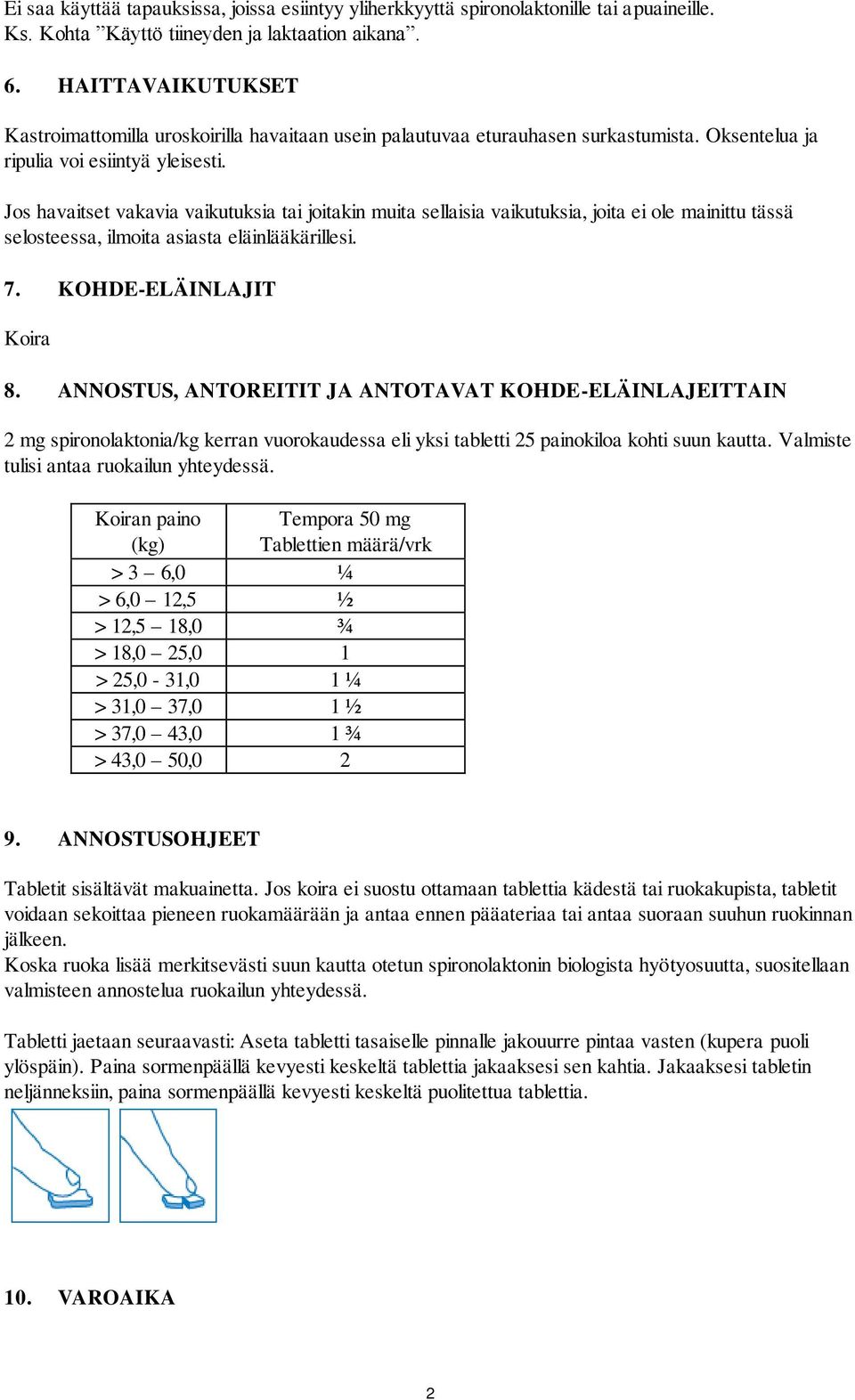Jos havaitset vakavia vaikutuksia tai joitakin muita sellaisia vaikutuksia, joita ei ole mainittu tässä selosteessa, ilmoita asiasta eläinlääkärillesi. 7. KOHDE-ELÄINLAJIT Koira 8.