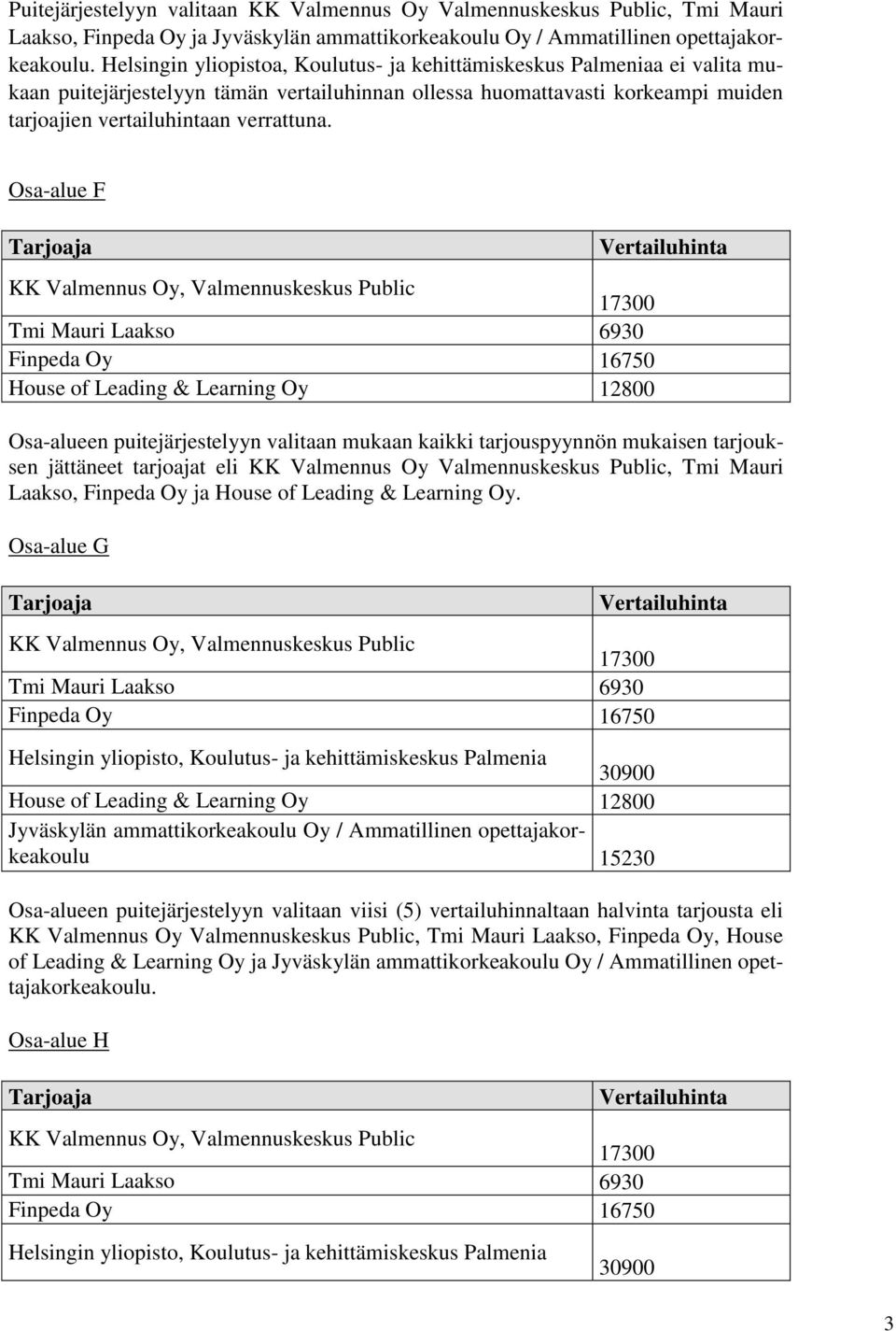 muiden tarjoajien vertailuhintaan verrattuna. Osa-alue F jättäneet tarjoajat eli KK Valmennus Oy Valmennuskeskus Public, Tmi Mauri Laakso, Finpeda Oy ja.