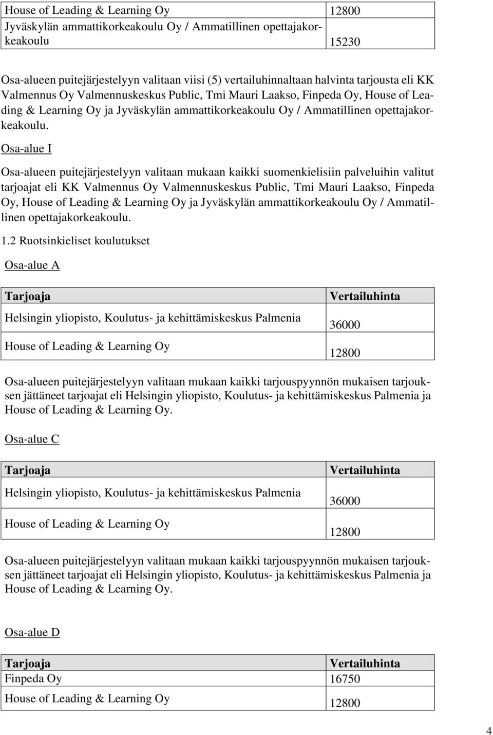 Osa-alue I Osa-alueen puitejärjestelyyn valitaan mukaan kaikki suomenkielisiin palveluihin valitut tarjoajat eli KK Valmennus Oy