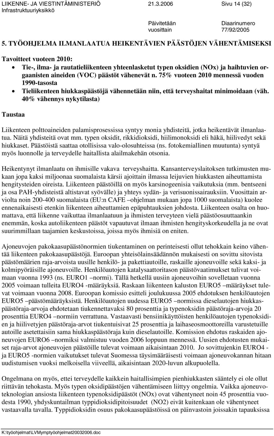 päästöt vähenevät n. 75% vuoteen 2010 mennessä vuoden 1990-tasosta Tieliikenteen hiukkaspäästöjä vähennetään niin, että terveyshaitat minimoidaan (väh.