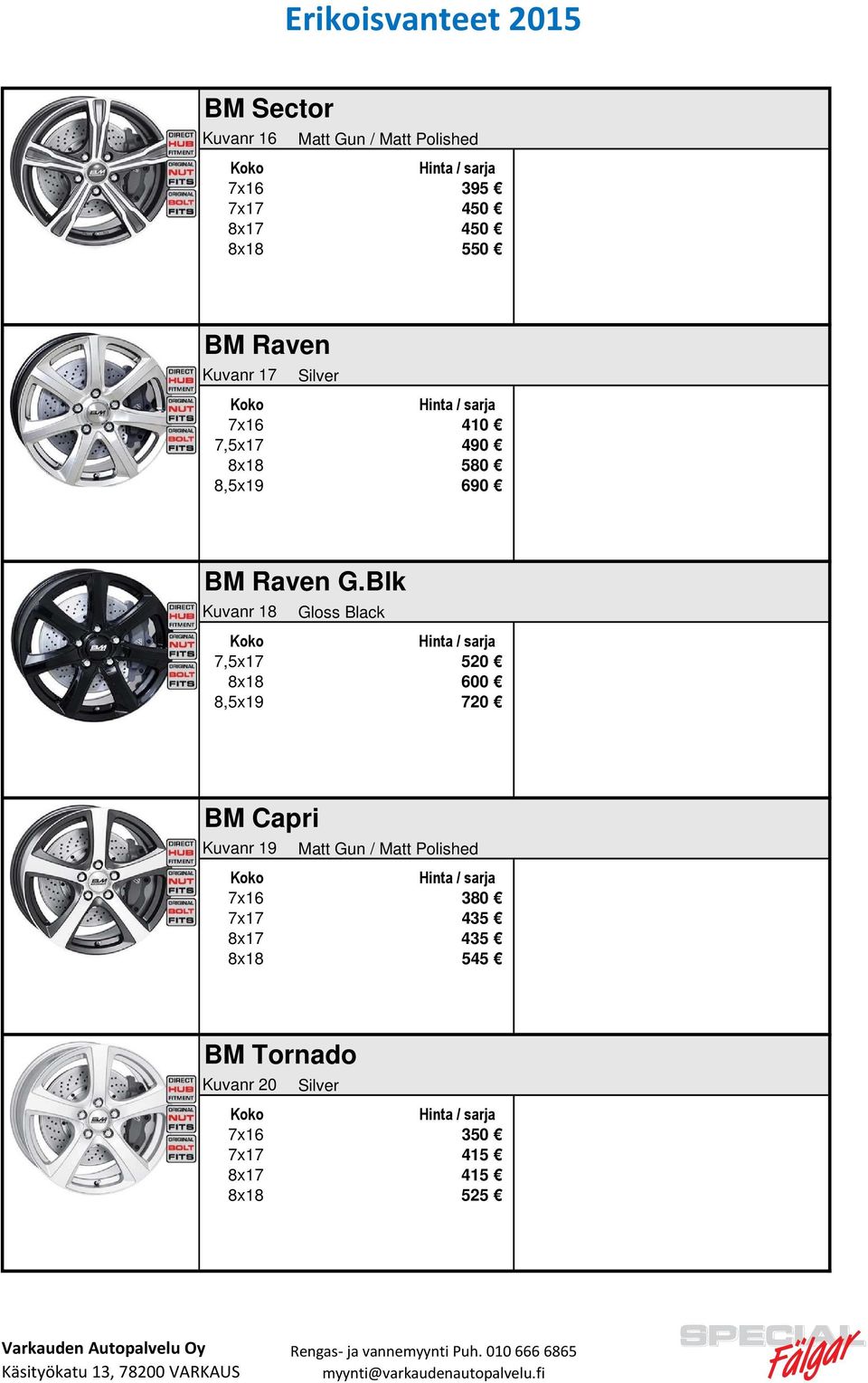 Blk Kuvanr 18 Gloss Black 7,5x17 520 8x18 600 8,5x19 720 BM Capri Kuvanr 19 Matt Gun