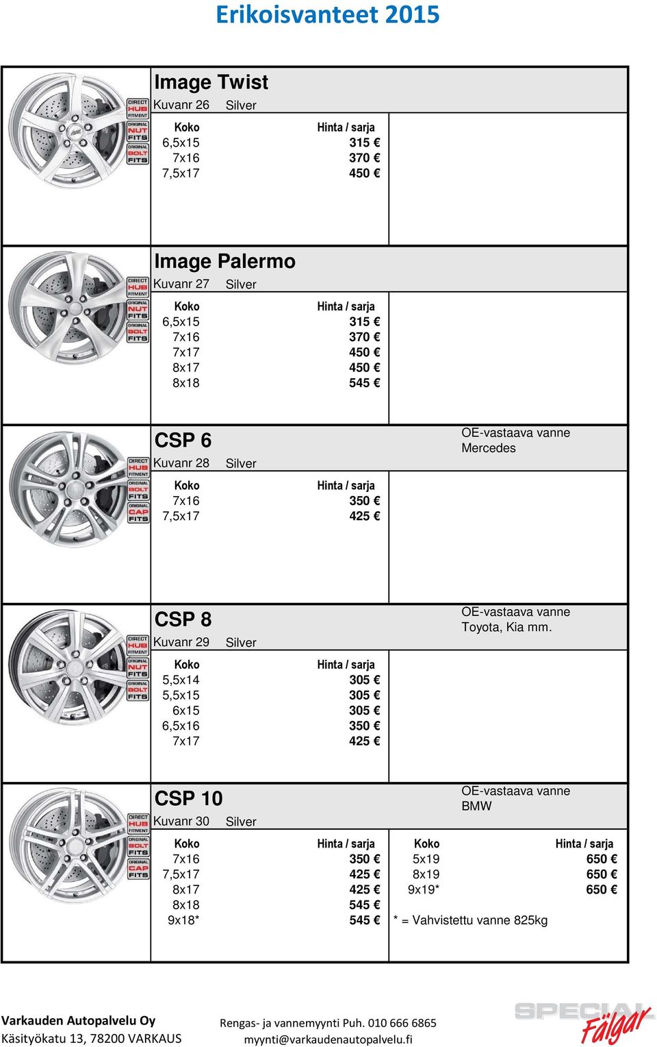 5,5x15 305 6x15 305 6,5x16 350 7x17 425 OE-vastaava vanne Toyota, Kia mm.