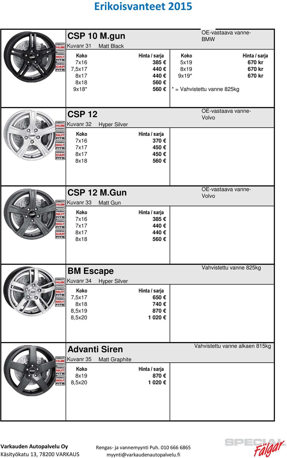 9x18* 560 * = Vahvistettu vanne 825kg CSP 12 Kuvanr 32 7x16 370 7x17 450 8x17 450 8x18 560 OE-vastaava vanne- Volvo CSP 12