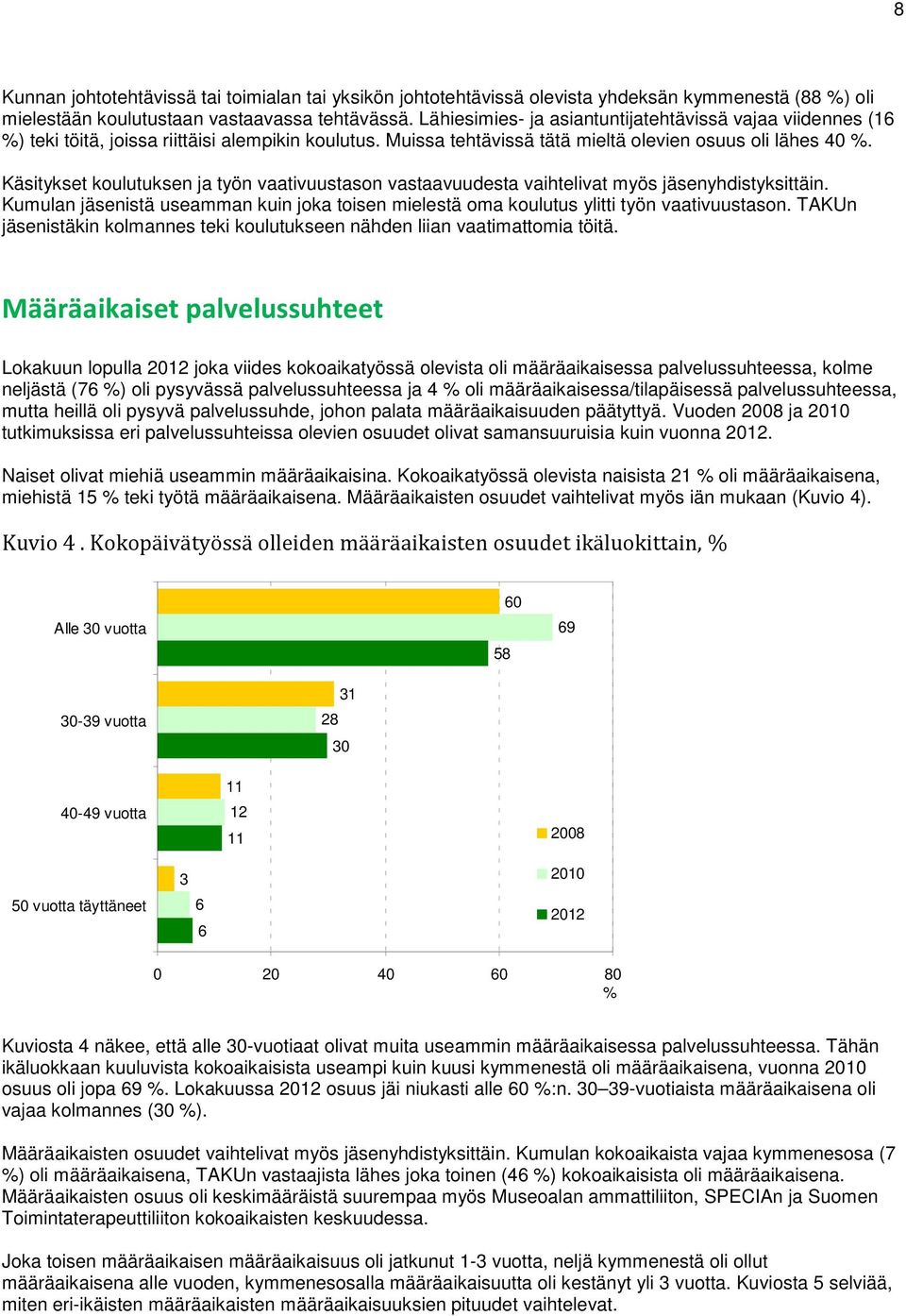 Käsitykset koulutuksen ja työn vaativuustason vastaavuudesta vaihtelivat myös jäsenyhdistyksittäin. Kumulan jäsenistä useamman kuin joka toisen mielestä oma koulutus ylitti työn vaativuustason.