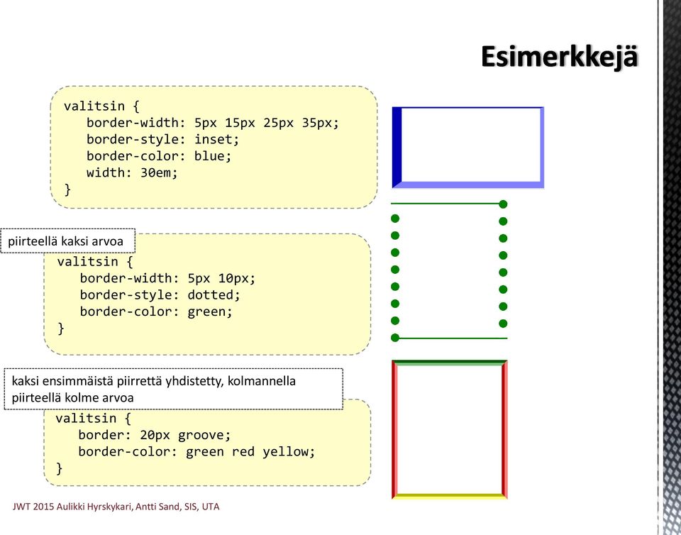 border-style: dotted; border-color: green; kaksi ensimmäistä piirrettä yhdistetty,