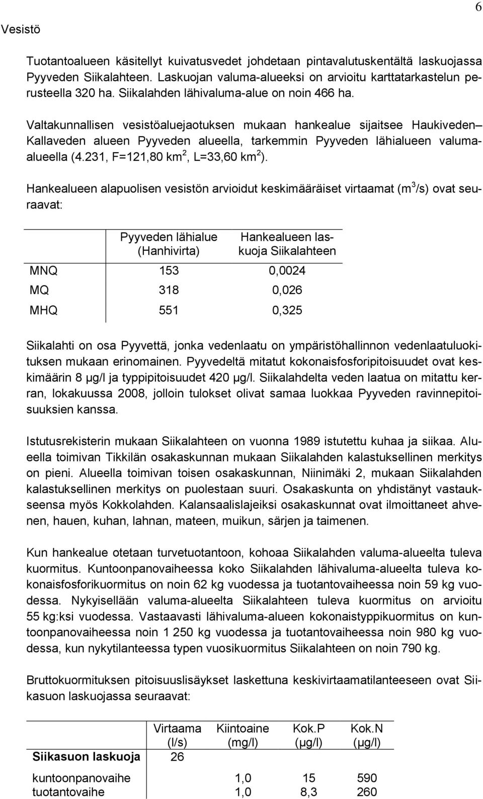 Valtakunnallisen vesistöaluejaotuksen mukaan hankealue sijaitsee Haukiveden Kallaveden alueen Pyyveden alueella, tarkemmin Pyyveden lähialueen valumaalueella (4.231, F=121,80 km 2, L=33,60 km 2 ).