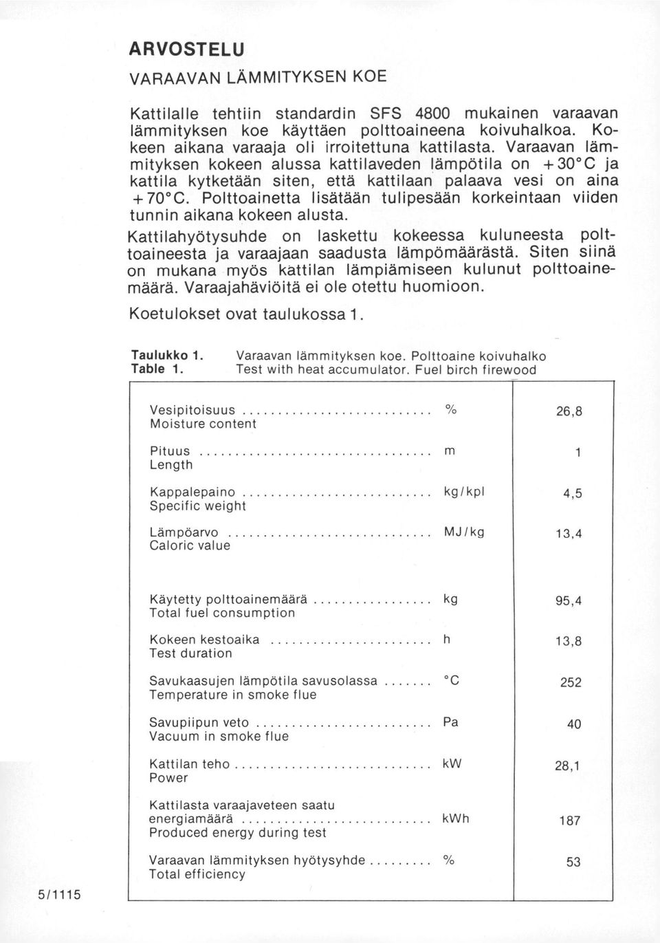 Polttoainetta lisätään tulipesään korkeintaan viiden tunnin aikana kokeen alusta. Kattilahyötysuhde on laskettu kokeessa kuluneesta polttoaineesta ja varaajaan saadusta lämpömäärästä.