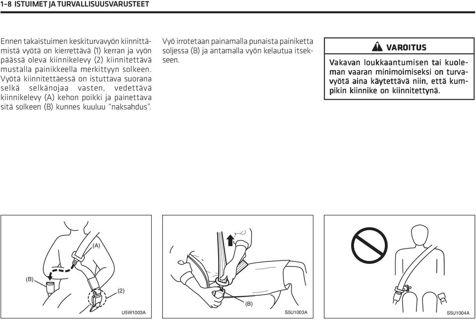 Vyötä kiinnitettäessä on istuttava suorana selkä selkänojaa vasten, vedettävä kiinnikelevy (A) kehon poikki ja painettava sitä solkeen (B) kunnes kuuluu naksahdus.