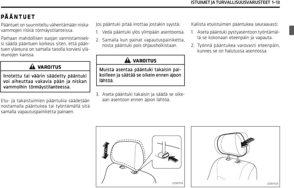 Z VAR AROITUS Irrotettu tai väärin säädetty pääntuki voi aiheuttaa vakavia pään ja niskan vammoihin törmäystilanteessa.