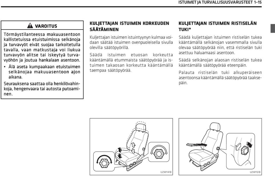 Seurauksena saattaa olla henkilövahinkoja, hengenvaara tai autosta putoami- nen.