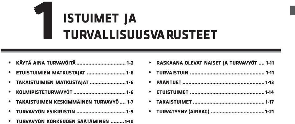 .. 1-6 TAK AKAISTUIMEN AISTUIMEN KESKIMMÄINEN TURVAVYÖ... 1-7 TURVAVYÖN ESIKIRISTIN... 1-9 TURVAVYÖN KORKEUDEN SÄÄTÄMINEN ÄMINEN.