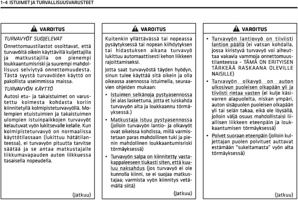 TURVAVY VYÖN ÖN KÄYTT TTÖ Autosi etu- ja takaistuimet on varus- tettu kolmesta kohdasta koriin kiinnitetyllä kolmipisteturvavyöllä.