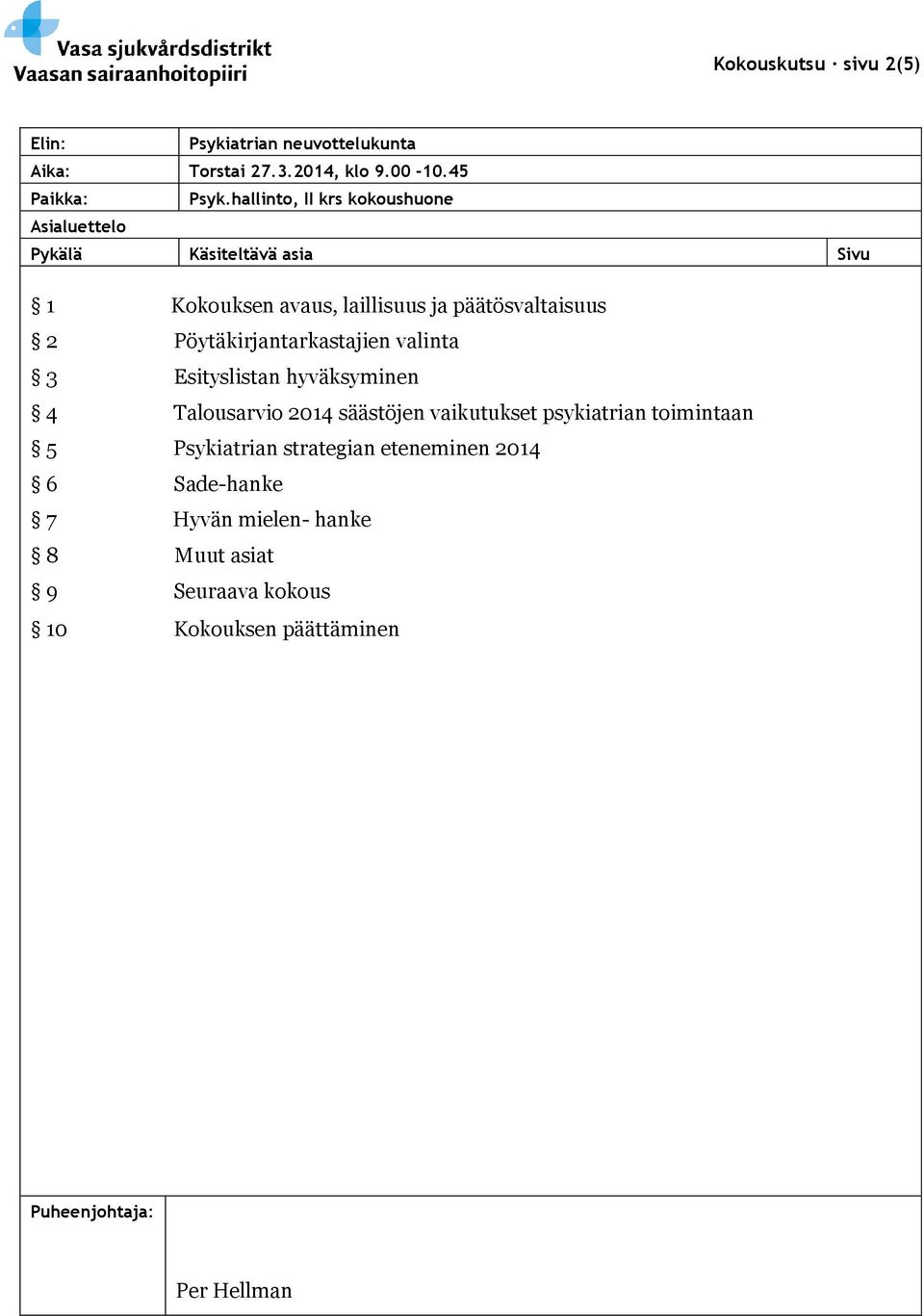 Pöytäkirjantarkastajien valinta 3 Esityslistan hyväksyminen 4 Talousarvio 2014 säästöjen vaikutukset psykiatrian toimintaan 5