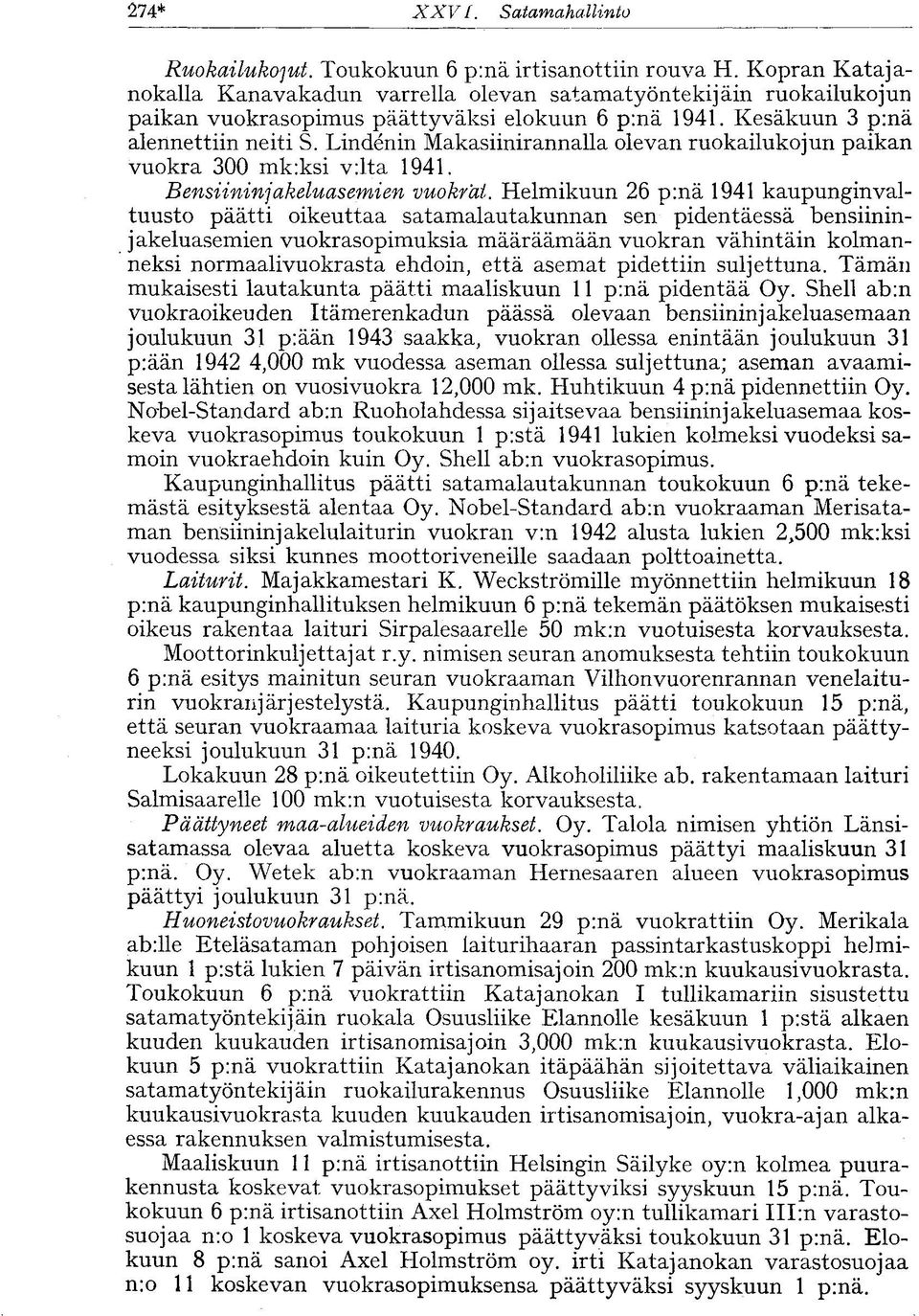 Lindenin Makasiinirannalla olevan ruokailukojun paikan vuokra 300 mk:ksi viita 1941. Bensiininjakeluasemien vuokrat.