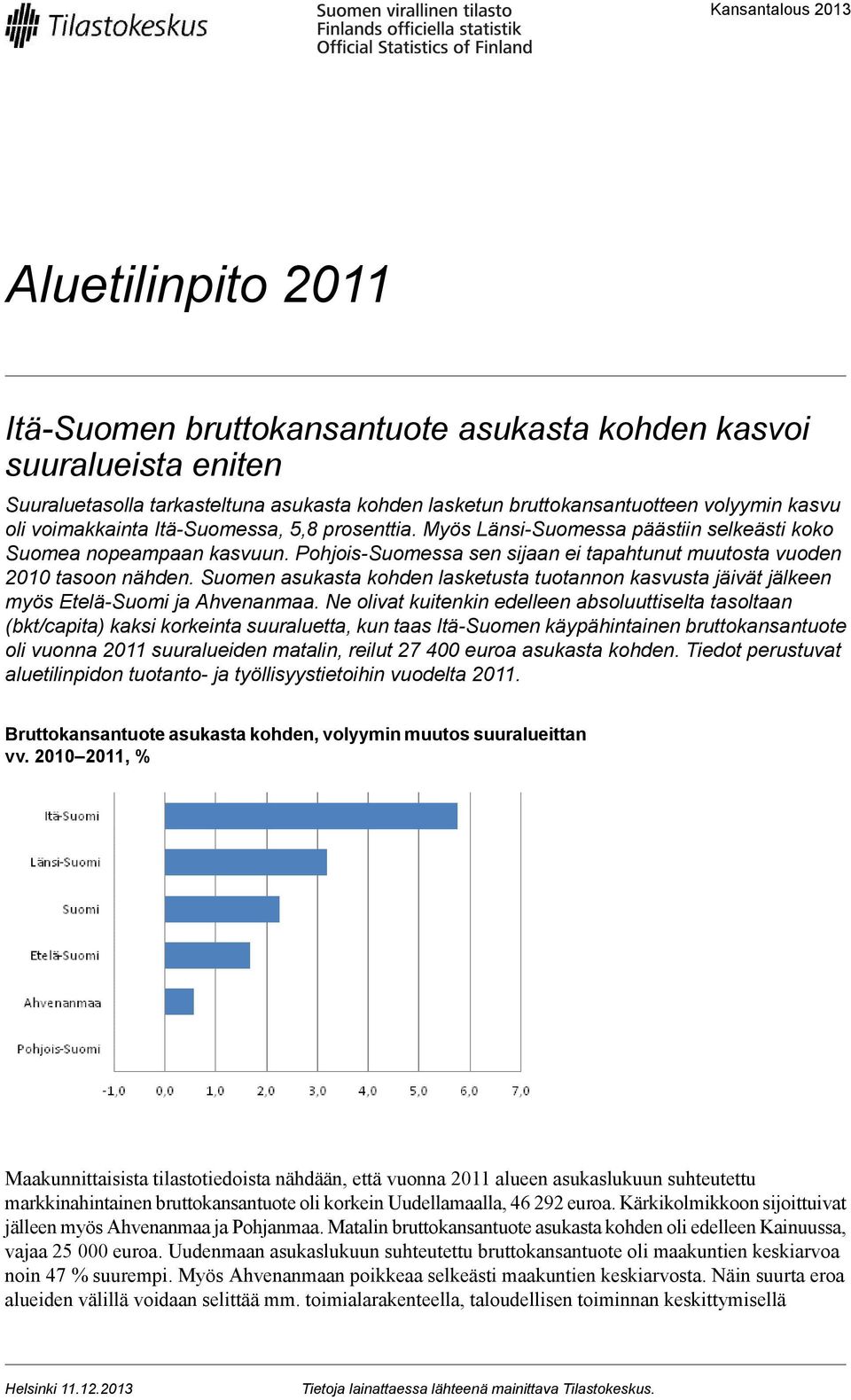 Suomen asukasta kohden lasketusta tuotannon kasvusta jäivät jälkeen myös Etelä-Suomi ja Ahvenanmaa.