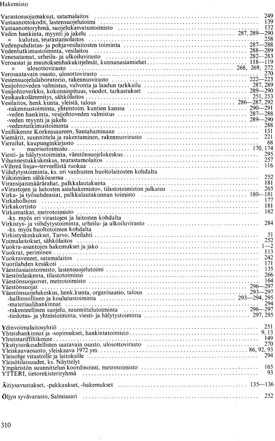 118 119 ulosottovirasto 268, 269, 272 Verosaatavain osasto, ulosottovirasto 270 Vesiensuojelulaboratorio, rakennusvirasto 222 223 Vesijohtoveden valmistus, valvonta ja laadun tarkkailu 287, 289