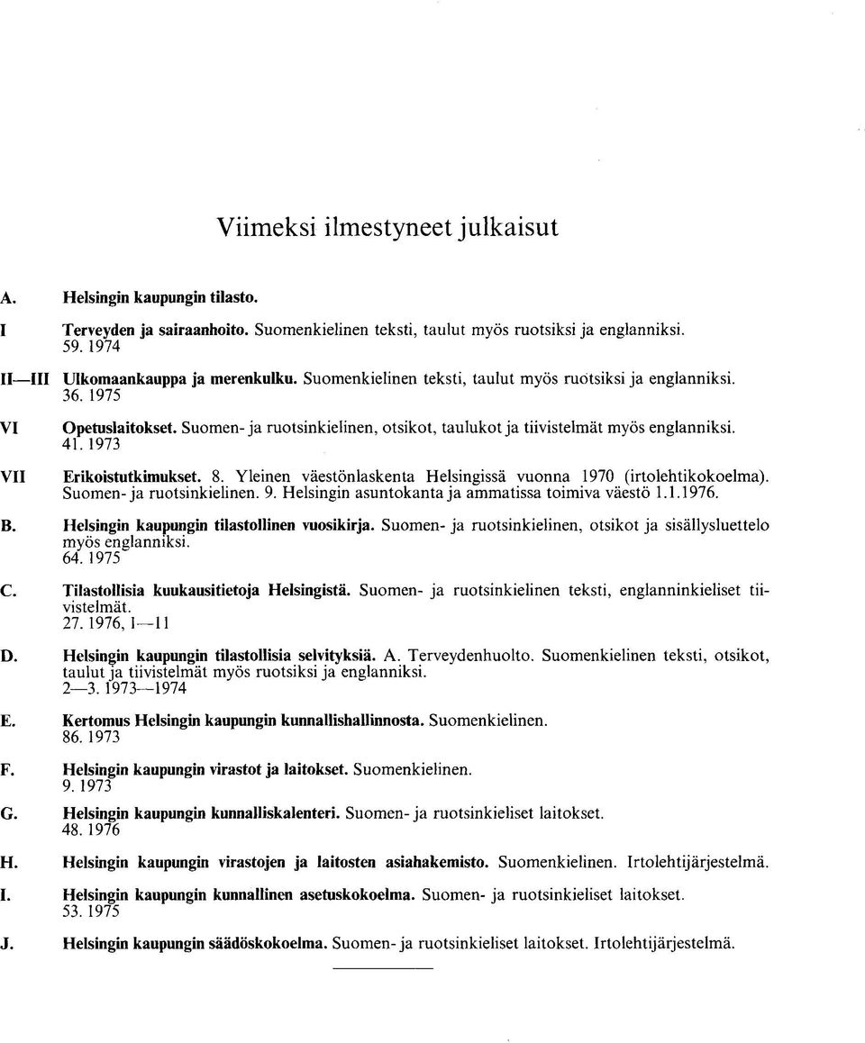 1973 Erikoistutkimukset. 8. Yleinen väestönlaskenta Helsingissä vuonna 1970 (irtolehtikokoelma). Suomen-ja ruotsinkielinen. 9. Helsingin asuntokanta ja ammatissa toimiva väestö 1.1.1976. B.