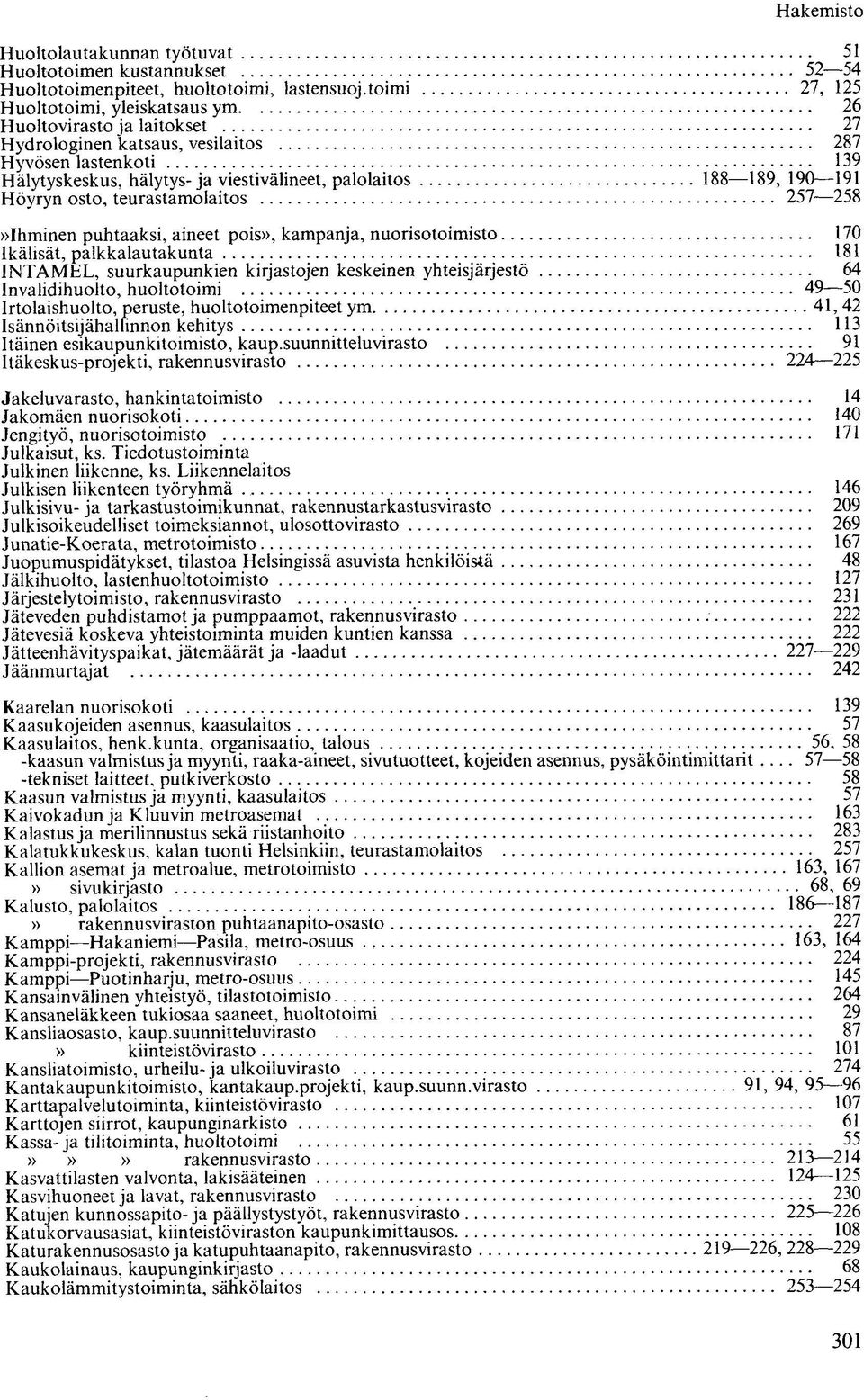 Ihminen puhtaaksi, aineet pois, kampanja, nuorisotoimisto Ikälisät, palkkalautakunta INTAMEL, suurkaupunkien kirjastojen keskeinen yhteisjärjestö Invalidihuolto, huoltotoimi Irtolaishuolto, peruste,