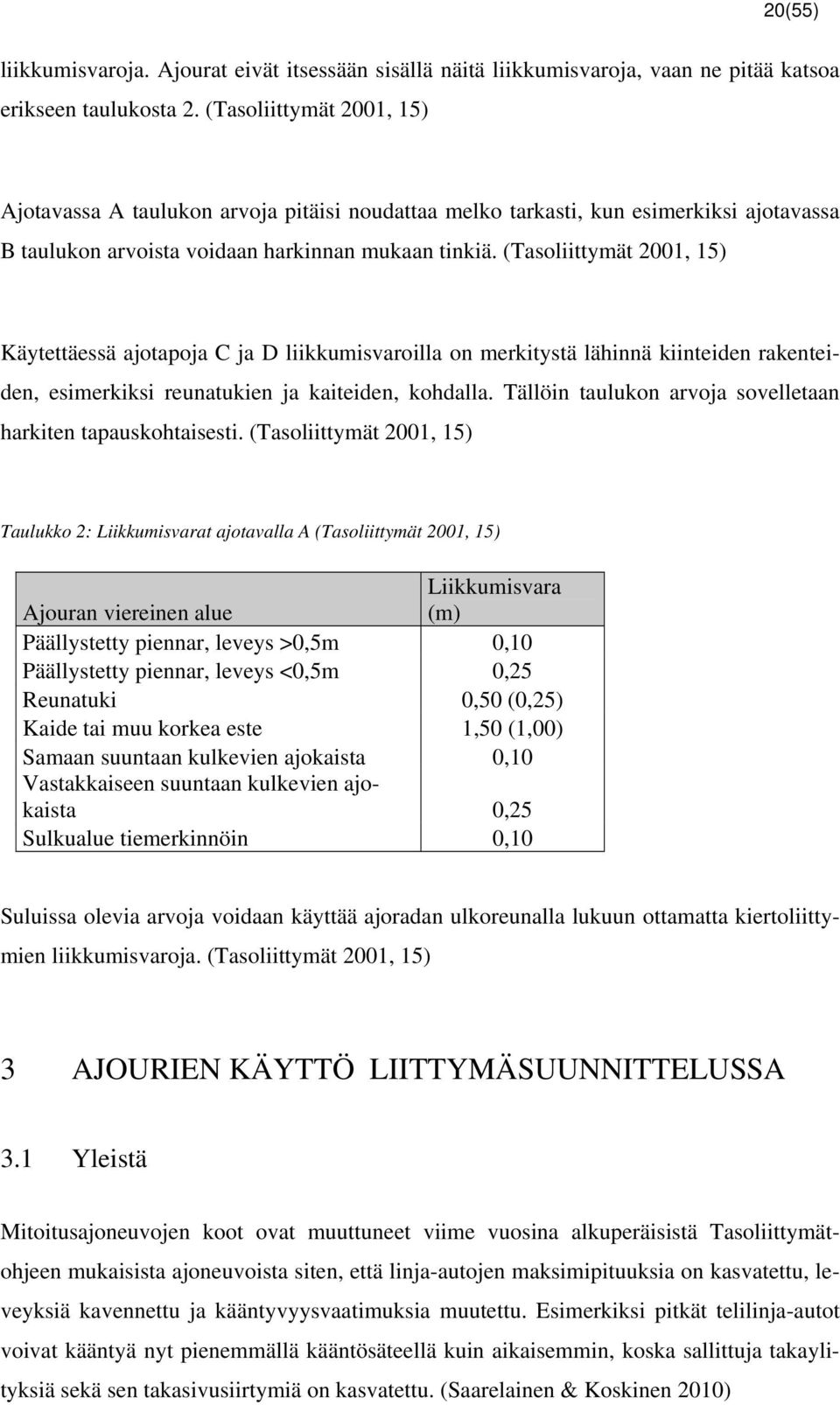 (Tasoliittymät 2001, 15) Käytettäessä ajotapoja C ja D liikkumisvaroilla on merkitystä lähinnä kiinteiden rakenteiden, esimerkiksi reunatukien ja kaiteiden, kohdalla.