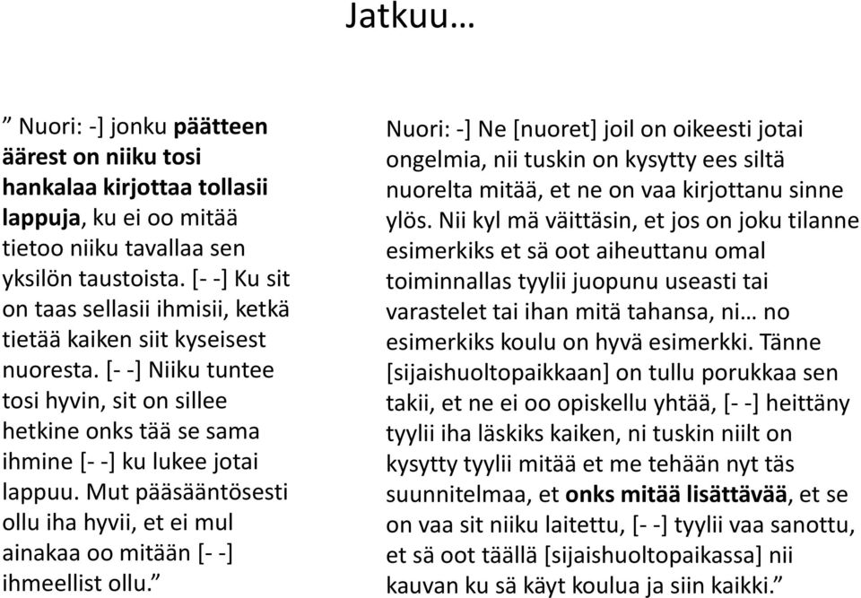 Mut pääsääntösesti ollu iha hyvii, et ei mul ainakaa oo mitään [- -] ihmeellist ollu.