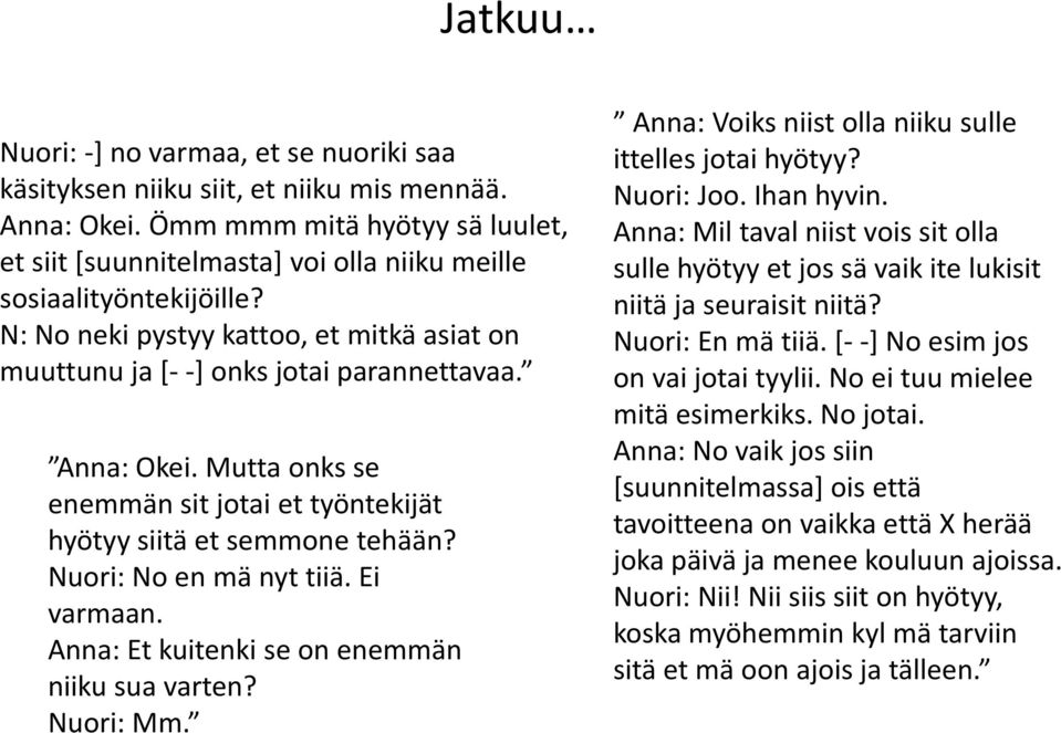 Anna: Okei. Mutta onks se enemmän sit jotai et työntekijät hyötyy siitä et semmone tehään? Nuori: No en mä nyt tiiä. Ei varmaan. Anna: Et kuitenki se on enemmän niiku sua varten? Nuori: Mm.