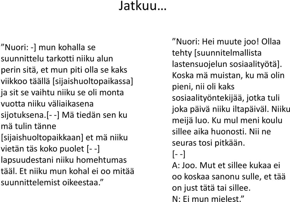 Et niiku mun kohal ei oo mitää suunnittelemist oikeestaa. Nuori: Hei muute joo! Ollaa tehty [suunnitelmallista lastensuojelun sosiaalityötä].