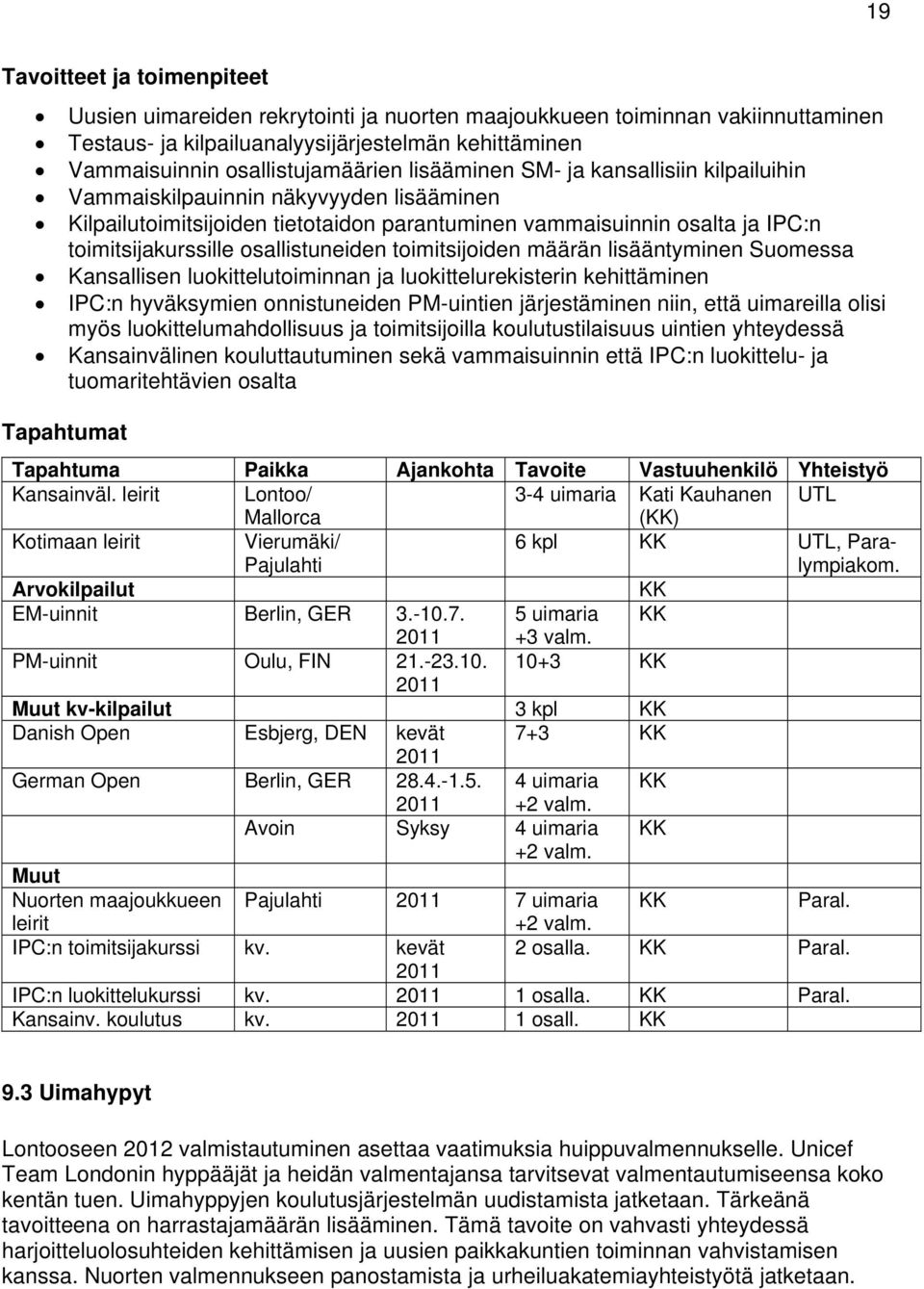 toimitsijoiden määrän lisääntyminen Suomessa Kansallisen luokittelutoiminnan ja luokittelurekisterin kehittäminen IPC:n hyväksymien onnistuneiden PM-uintien järjestäminen niin, että uimareilla olisi