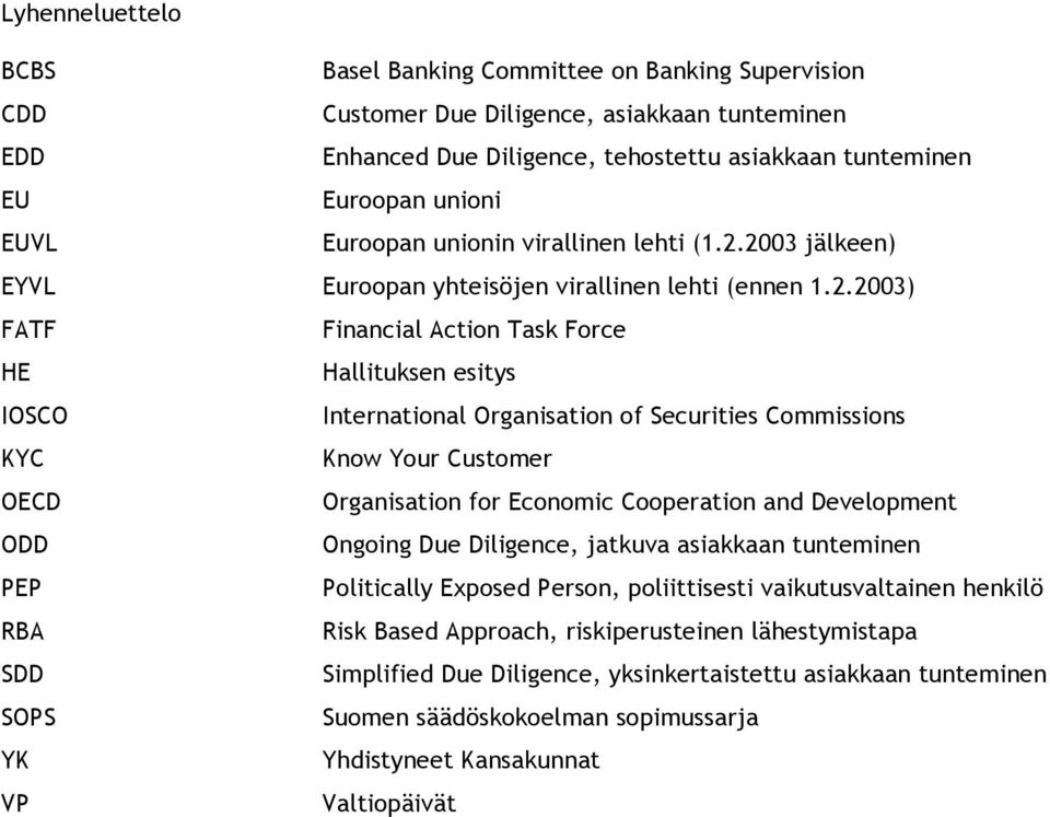 2003 jälkeen) EYVL Euroopan yhteisöjen virallinen lehti (ennen 1.2.2003) FATF Financial Action Task Force HE Hallituksen esitys IOSCO International Organisation of Securities Commissions KYC Know
