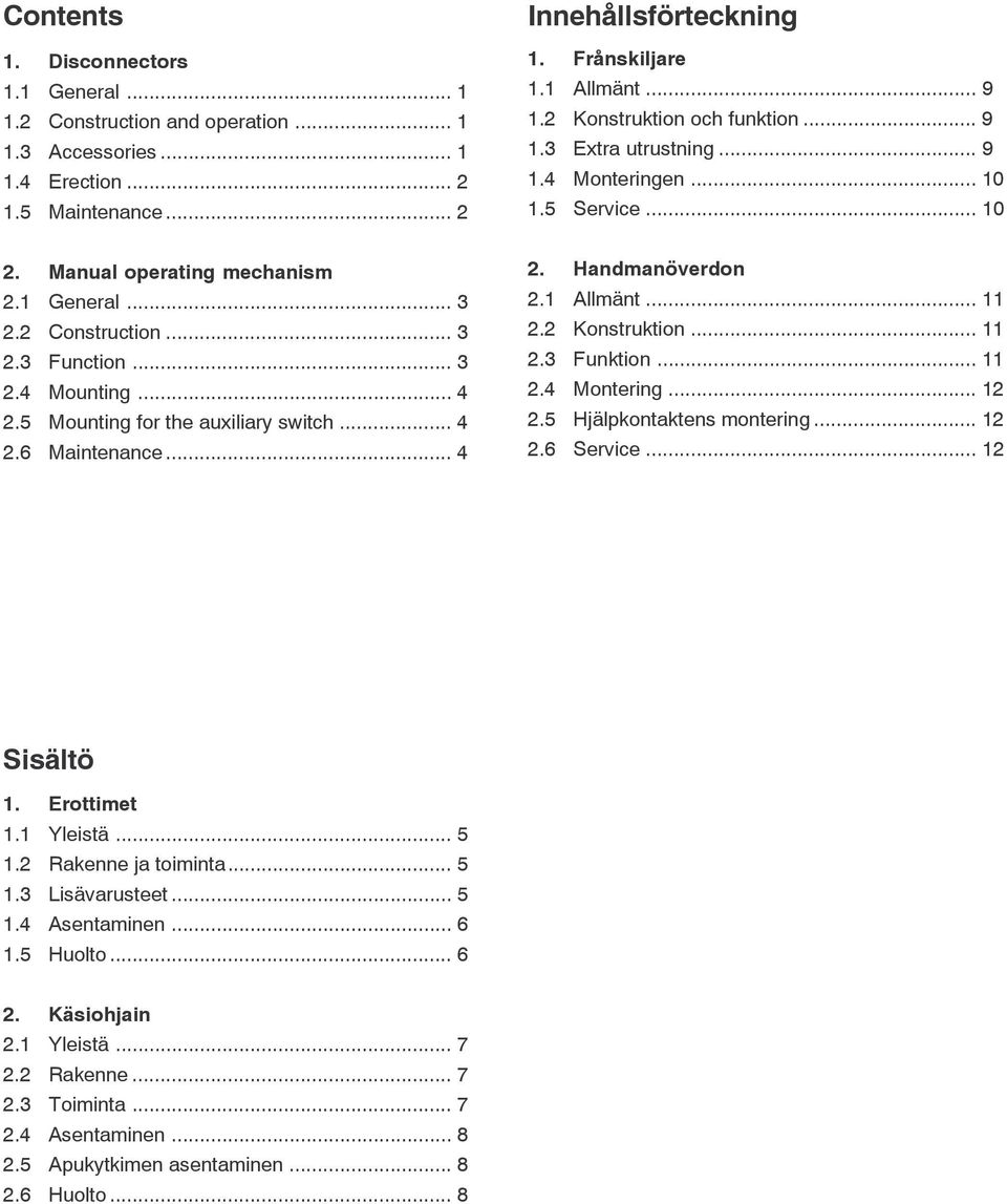 .. 4 2.5 Mounting for the auxiliary switch... 4 2.6 Maintenance... 4 2. Handmanöverdon 2.1 Allmänt... 11 2.2 Konstruktion... 11 2.3 Funktion... 11 2.4 Montering... 12 2.5 Hjälpkontaktens montering.