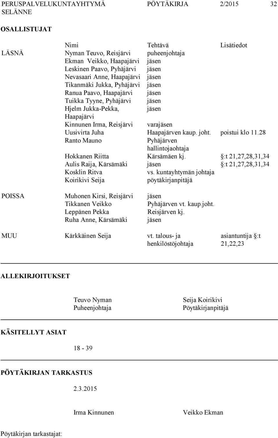 joht. poistui klo 11.28 Ranto Mauno Pyhäjärven hallintojaohtaja Hokkanen Riitta Kärsämäen kj. :t 21,27,28,31,34 Aulis Raija, Kärsämäki jäsen :t 21,27,28,31,34 Kosklin Ritva vs.