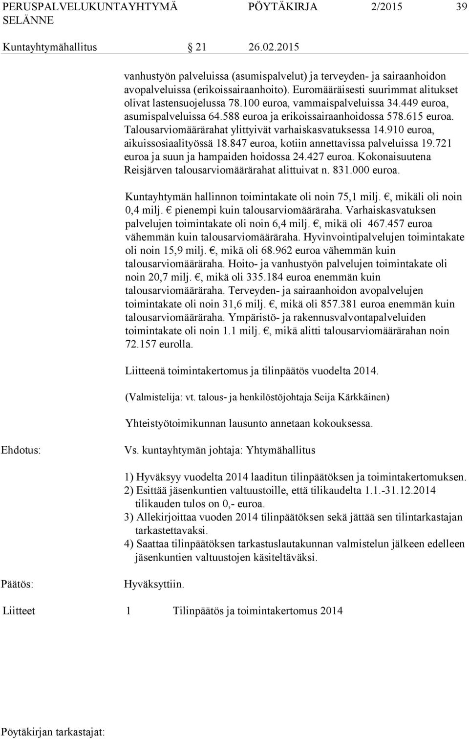 Talousarviomäärärahat ylittyivät varhaiskasvatuksessa 14.910 euroa, aikuissosiaalityössä 18.847 euroa, kotiin annettavissa palveluissa 19.721 euroa ja suun ja hampaiden hoidossa 24.427 euroa.