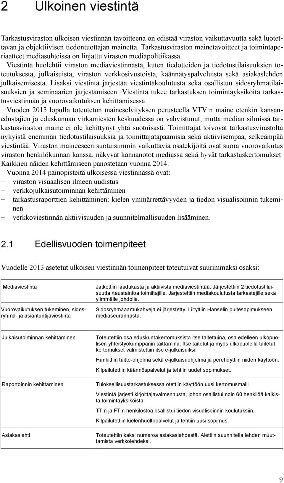 Viestintä huolehtii viraston mediaviestinnästä, kuten tiedotteiden ja tiedotustilaisuuksien toteutuksesta, julkaisuista, viraston verkkosivustoista, käännätyspalveluista sekä asiakaslehden