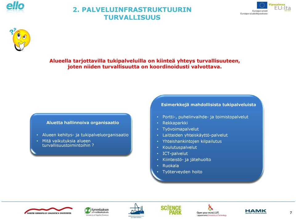 Esimerkkejä mahdollisista tukipalveluista Aluetta hallinnoiva organisaatio Alueen kehitys- ja tukipalveluorganisaatio Mitä vaikutuksia