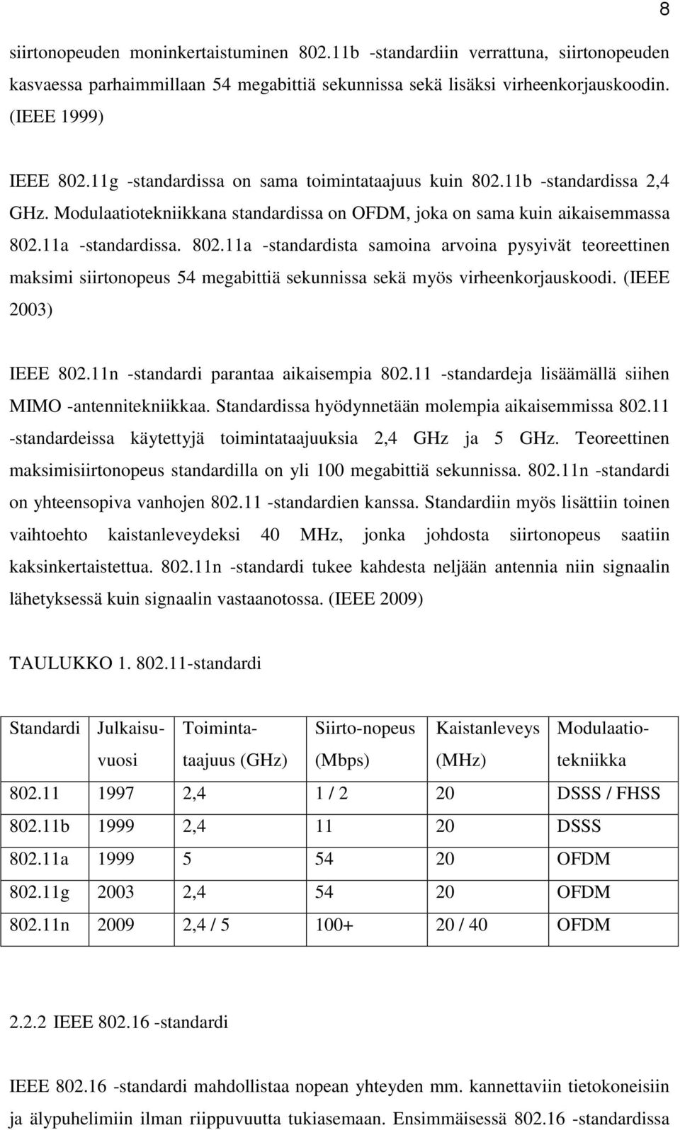 (IEEE 2003) IEEE 802.11n -standardi parantaa aikaisempia 802.11 -standardeja lisäämällä siihen MIMO -antennitekniikkaa. Standardissa hyödynnetään molempia aikaisemmissa 802.