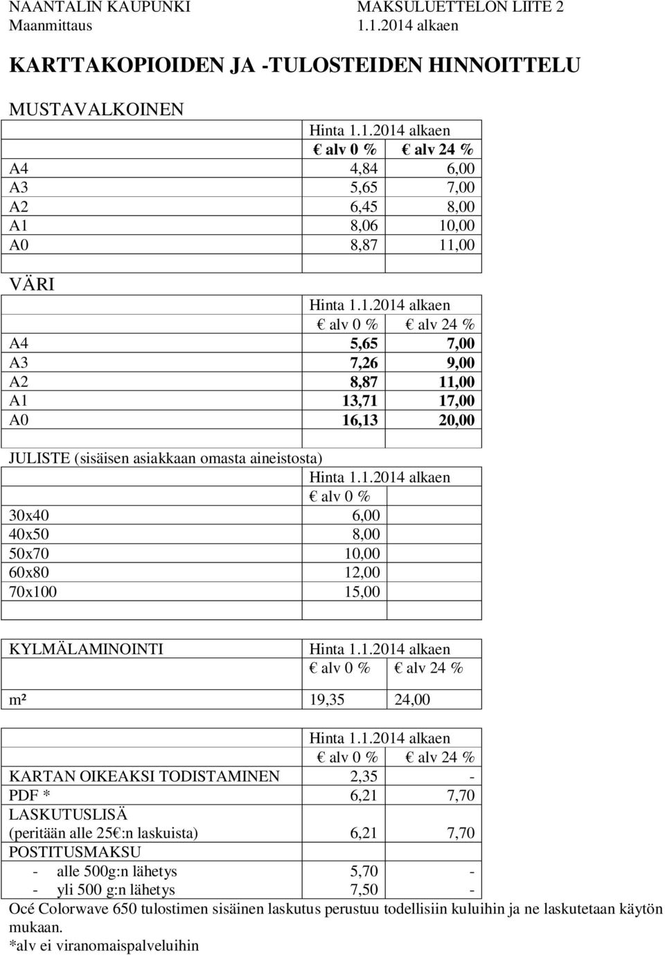 1.2014 alkaen alv 0 % alv 24 % m² 19,35 24,00 Hinta 1.1.2014 alkaen alv 0 % alv 24 % KARTAN OIKEAKSI TODISTAMINEN 2,35 - PDF * 6,21 7,70 LASKUTUSLISÄ (peritään alle 25 :n laskuista) 6,21 7,70