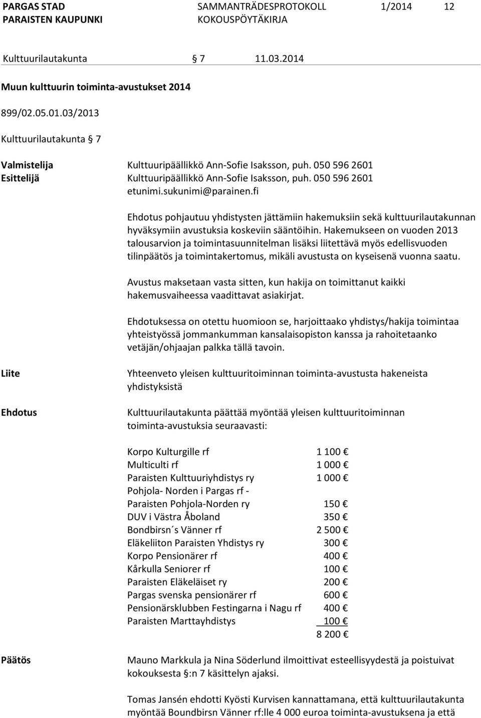 fi Ehdotus pohjautuu yhdistysten jättämiin hakemuksiin sekä kulttuurilautakunnan hyväksymiin avustuksia koskeviin sääntöihin.